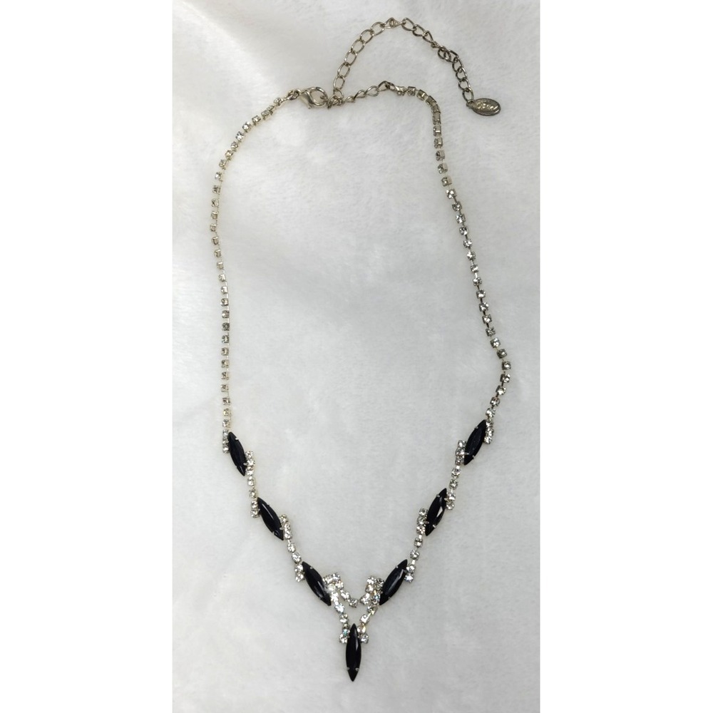 Clear Crystal and Onyx‎ Silvertone Necklace Signed BW